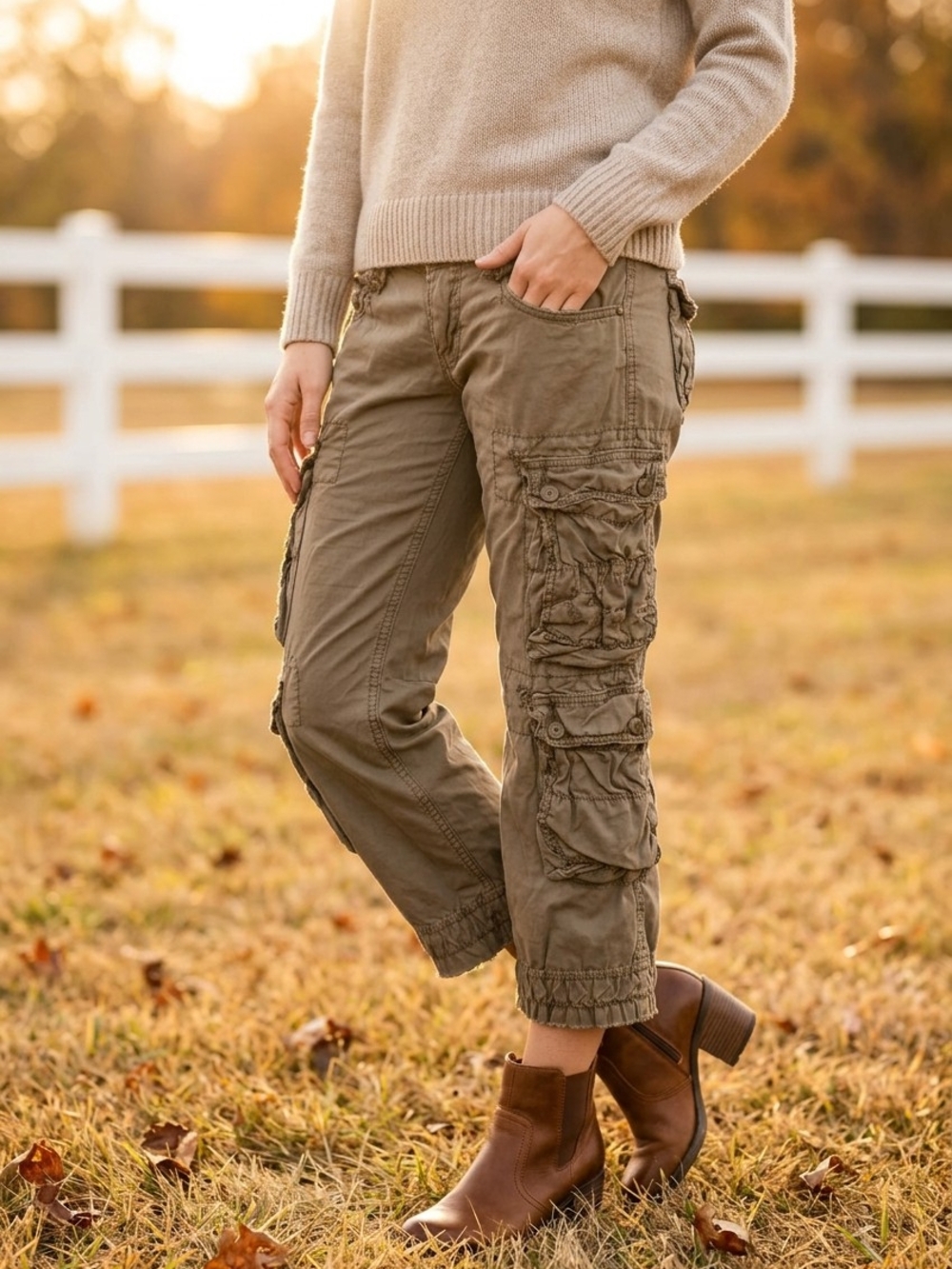 Source Unknown Olive Cropped Utility Cargo Pants - Women's